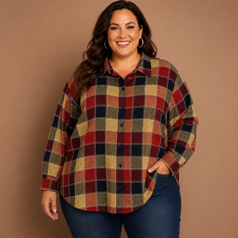 Serengeti Women's 3X Plus Shirt Patchwork Stitched Cottagecore Rustic Shacket